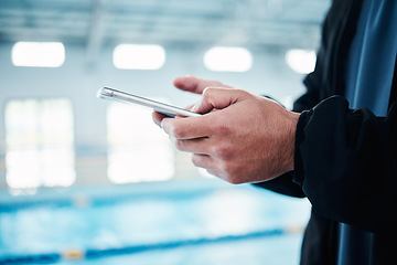 Image showing Hands, man and phone for texting by swimming pool for communication, social media or contact on web. Aquatic sports athlete, smartphone and typing on screen with mobile app, website and internet chat