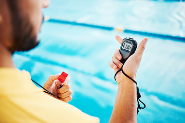 Image showing Coach, swimming pool and timer in hands for training, water exercise and health sports with lifeguard professional. Practice, competition and fitness person hand holding stopwatch on blue background