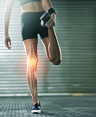 Image showing Woman, stretching legs and knee injury in gym with joint pain with 3d overlay for wellness training. Fitness expert, x ray hologram for workout, exercise or health for performance with hurt muscle