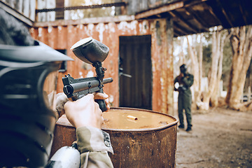 Image showing War, shooting and men playing paintball, army training and team sports in nature of Mexico. Target, battle and friends with weapons during military competition, challenge or action game in the woods