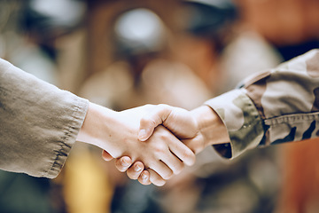 Image showing Hands, soldier and handshake for partnership, deal or agreement in collaboration or trust together. Hand of army people shaking hands in support for friendship, community or unity in solidarity