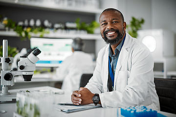 Image showing Black man, portrait or science laboratory for medical research, gmo studying or healthcare for genetic engineering. Smile, happy or plant scientist with biology documents clipboard of growth research