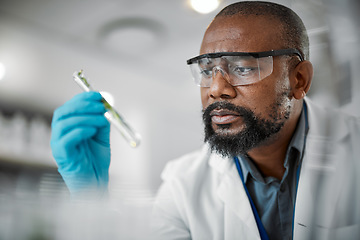 Image showing Plant scientist, thinking or test tubes in laboratory pharma, medical science research or gmo food engineering. Worker, man or biologist with glass equipment in sustainability leaf or growth research