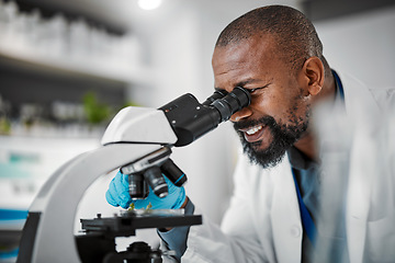 Image showing Happy biologist, microscope or laboratory scientist in plant growth analytics, food engineering or medical research. Smile man, worker or employee with science magnify technology for sustainability