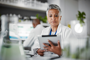 Image showing Woman, tablet or thinking in science laboratory for medical research, innovation or ideas for genetic gmo engineering. Plant scientist, worker or biologist on technology in growth sustainability data