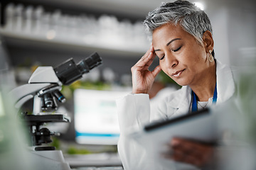 Image showing Headache, stress and science woman in laboratory on tablet for plants pharmaceutical research or data results. Mental health, fatigue and burnout senior, scientist person sad or tired of risk report