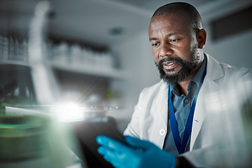 Image showing Black man, tablet or thinking in science laboratory for medical research, innovation or ideas for genetic engineering. Plant scientist, worker or biologist with technology for sustainability research