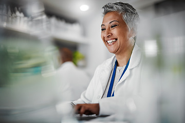 Image showing Elderly woman, lab and laptop for research, science and plants for analytics, pharmaceutical study and focus. Senior scientist, expert or computer for typing with data analysis for goal in laboratory