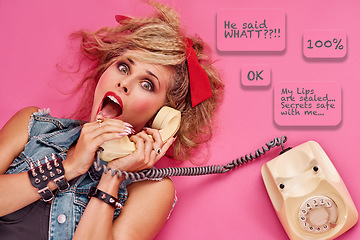 Image showing Telephone, surprise and portrait of a woman in studio with speech bubbles and words for conversation. Phone call, shock and punk female model with wow, omg and wtf face expression by pink background.