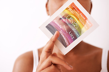 Image showing Social media, showing and black woman with message on paper in hand isolated on a white background. Review, color and girl with an announcement on a document about online communication on a backdrop