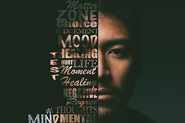 Image showing Portrait, Asian man and letter collage overlay of serious face with strong text about mental health. Letter, strong and focus of emotion, power and motivation message with a studio background