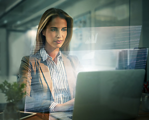 Image showing Overlay, laptop and finance with a business woman accountant working on a ux interface in her office. Computer, accounting and stock market with a female trader at work on foreign exchange investment