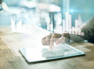 Image showing Overlay, hands and tablet for finance, future and check online markets for inflation, investment and banking. Futuristic, device and investor typing for charts growth, digital planning and accountant