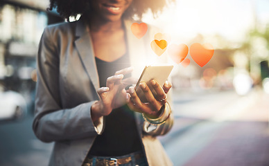 Image showing Reaction, heart and business woman with a phone in the city for communication, chat and social media. Website, like and hands of a girl with a mobile in the street for online network with an emoji