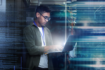 Image showing Server room, laptop and man with date overlay for cyber security, programming and writing software code. Technician person or geek in data center for motherboard or firewall system assessment at work