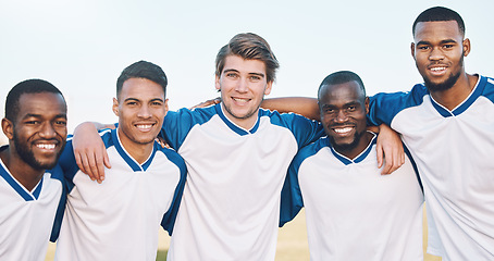 Image showing Football portrait, teamwork and people support, mission and strategy for game, competition and training in diversity. Excited, happy and face of men hug together for workout, soccer or outdoor sports