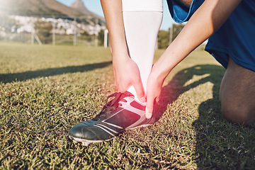 Image showing Foot, red pain and hands of football player on field for medical emergency, risk or training problem on overlay. Feet, ankle or muscle injury of athlete on soccer pitch competition or game accident