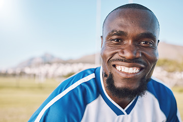 Image showing Portrait of black man with smile on face, football and sports mindset with motivation for winning game in Africa. Confident, proud and happy professional soccer player at exercise or training match.