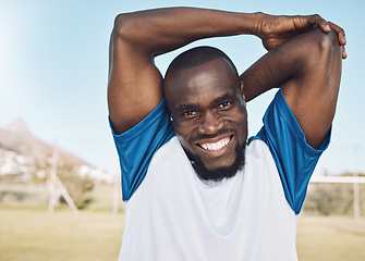 Image showing Black man, soccer player and portrait of a athlete outdoor ready for exercise and fitness. Game workout, happy person and smile of a male feeling healthy from sports performance and runner goal