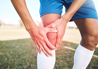 Image showing Knee injury, red pain and hands on sports or football field for competition, training and exercise problem with overlay. Soccer, fitness and athlete person or man legs for medical emergency or risk