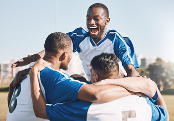 Image showing Soccer, celebration and men winning sports competition or game with teamwork on a field. Football champion group, friends or people happy and excited for goal, performance and fitness achievement