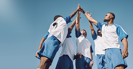 Image showing Soccer, team high five and men celebrate winning at sports competition or game with teamwork on field. Football champion group with motivation hands for a goal, performance and fitness achievement