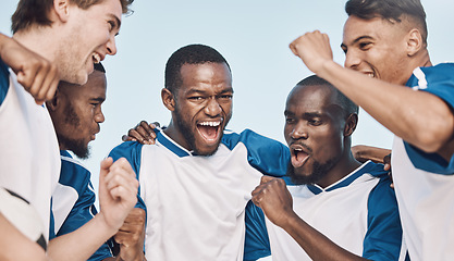 Image showing Soccer, winning team and men celebrate at sports competition or game with teamwork outdoor. Football champion diversity group people in celebration for goal, performance and fitness achievement win