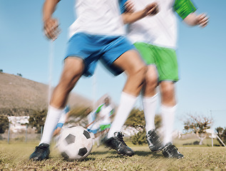 Image showing Football, challenge and motion blur with a sports man running on a field during a competitive game or training. Soccer, fitness or health and a male athlete or player on a pitch with an opponent