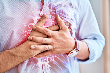 Image showing Man with chest pain, injury or medical accident for heart attack, inflammation or sprain. Healthcare, medicare and male with sickness, problem or illness with a health risk or cardiovascular disease.