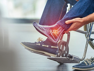 Image showing Closeup, man in wheelchair and foot injury with pain, inflammation and accident with torn muscle. Zoom, male and guy in pushchair, highlighted for strained area and disability with broken ankle