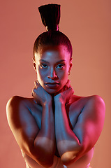 Image showing Portrait, hair and kaleidoscope with a model black woman in studio on a neon background for beauty. Art, makeup and style with an attractive young female posing indoor for culture or cosmetics