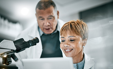 Image showing Doctor, research or scientist people in science laboratory on DNA study, medical or medicine data analysis. Happy, healthcare teamwork or nurse for health, cancer innovation or virus test in hospital