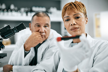 Image showing Doctor, blood sample or research on test tube for DNA review, medical or medicine data analysis. Healthcare thinking, teamwork science or nurse for health, cancer innovation or virus test study