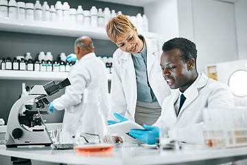 Image showing Doctor, tablet or scientist people in science laboratory for DNA research, medical and medicine data analysis. Smile, healthcare teamwork or nurse for health, cancer innovation or virus test study