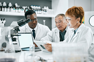 Image showing Collaboration, doctor or scientist with tablet in science lab for DNA research, medical or medicine data analysis. Happy, health teamwork or nurse for healthcare, cancer innovation or virus study