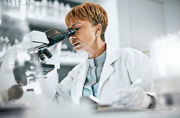 Image showing Research, microscope or doctor woman in science data analysis, medical innovation or healthcare. Scientist, futuristic or nurse writing note on health medicine, DNA or vaccine data exam in laboratory