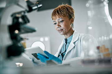 Image showing Healthcare, science and black woman with tablet for research, medical report and experiment results. Medicine, laboratory and scientist with digital tech for data analysis, lab study and biotech test