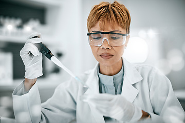 Image showing Test tube, doctor or senior woman with vaccine in lab for research, planning or innovation medical DNA test. Healthcare science or elderly scientist on analysis or medicine wellness study in hospital