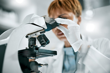 Image showing Microscope, study or scientist woman in science laboratory for DNA research, medical and medicine data analysis. Doctor, healthcare teamwork or nurse for health, cancer innovation or virus idea test