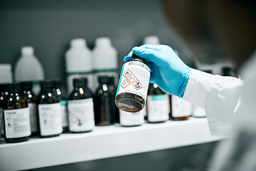 Image showing Chemical, magnesium solution and chemistry worker hands in a laboratory for physics research. Medical lab, scientist and medicine experiment for biology, science and doctor test for education