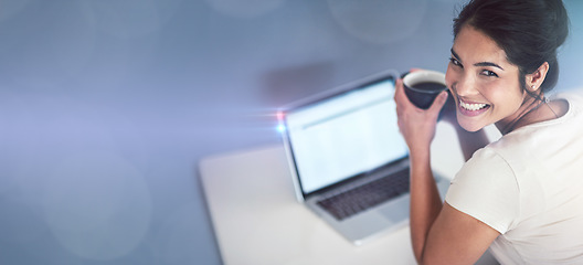 Image showing Coffee, portrait and business woman with laptop in studio isolated on a bokeh background mockup. Tea, computer and face of happy female worker with refreshing beverage, caffeine or espresso on break