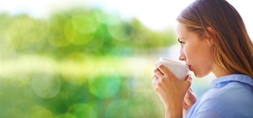 Image showing Window, drinking coffee and woman thinking, relax and daydreaming for happiness, chilling and on break. Glass, female and lady with tea, cheerful and natural light with focus, ideas and thoughtful