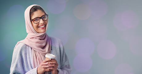 Image showing Coffee, face portrait and muslim woman in studio isolated on a bokeh background mockup. Tea, mock up or happy Islamic female worker holding refreshing beverage, caffeine or espresso on break to relax