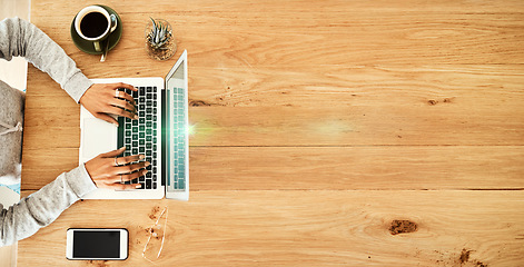 Image showing Laptop, coffee shop and top view of hands typing email, report or proposal on table mockup. Freelancer, remote worker and female in cafe or restaurant with computer for writing or working remotely.