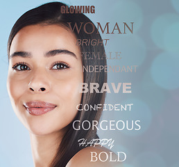 Image showing Beauty, portrait and woman in a studio with words for motivation, confidence and self love. Cosmetic, makeup and young female model from Brazil with a affirmation text overlay by a blue background.