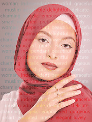 Image showing Woman, studio portrait and text overlay for islamic beauty, wellness and cosmetics with gold, ring and jewellery. Muslim model, hijab and motivation with aesthetic, makeup and fashion by background