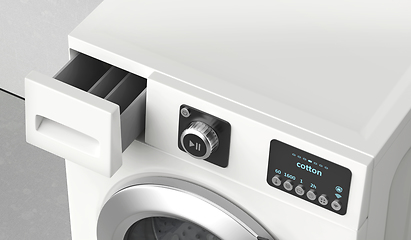 Image showing Washing machine with open detergent drawer
