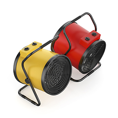 Image showing Yellow and red industrial electric fan heaters