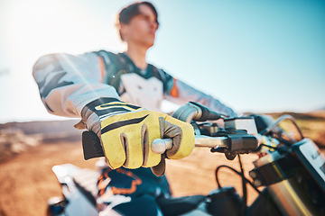 Image showing Motorcycle, sports gear and hands of man for challenge, race and rally. Driver, bike gloves and ready for motorbike competition, performance and action of fearless adventure, power and start cycling