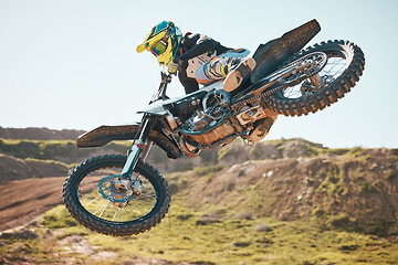 Image showing Motorcross, air jump and offroad sports stunt, speed challenge and desert rally. Driver, cycling and freedom on dirt race, competition and motorbike performance on adventure course for fast action